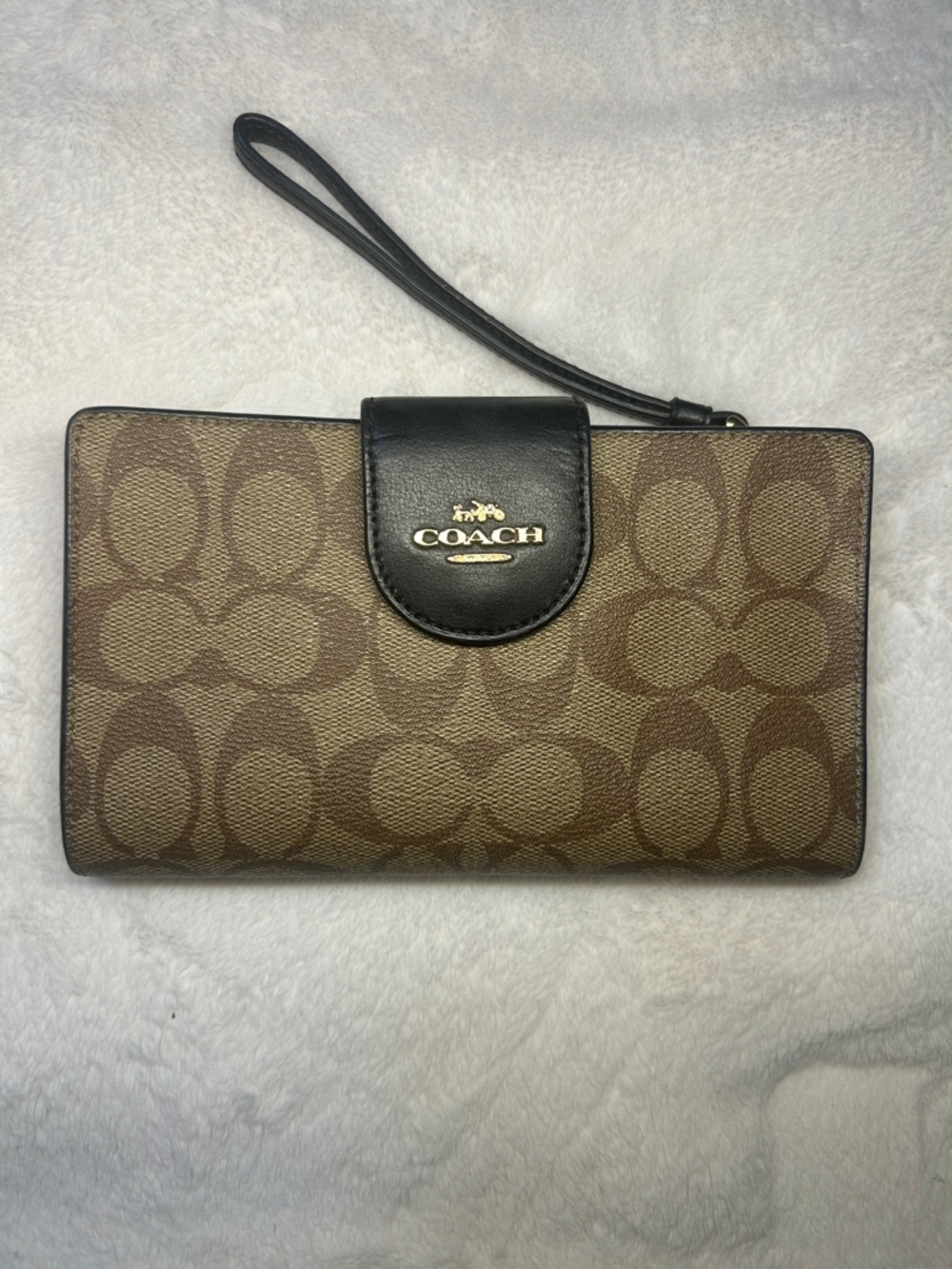 Coach Brown Signature Canvas Wristlet with Black Leather Trim